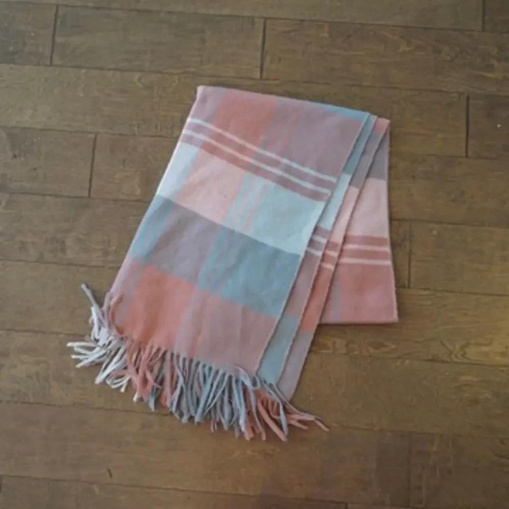 Lerdu Cashmere Wool Scarf Plaid Pink Blue Fringe Rectangle Wrap Shawl New